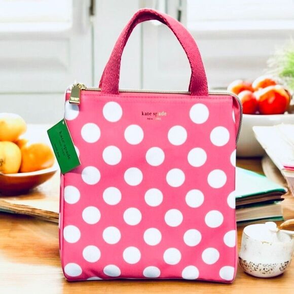 NWT Kate Spade Gorgeous Pink White Polka Dots Insulated Lunch Zip Tote Hand Bag - Picture 1 of 12